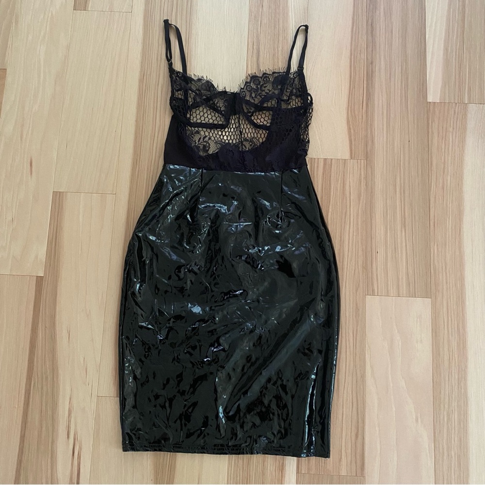 Black vinyl dress Sz S with lace detailing